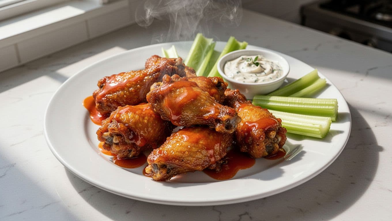 Crispy chicken wings in glossy buffalo sauce with rising steam on white plate beside celery sticks and blue cheese dip.