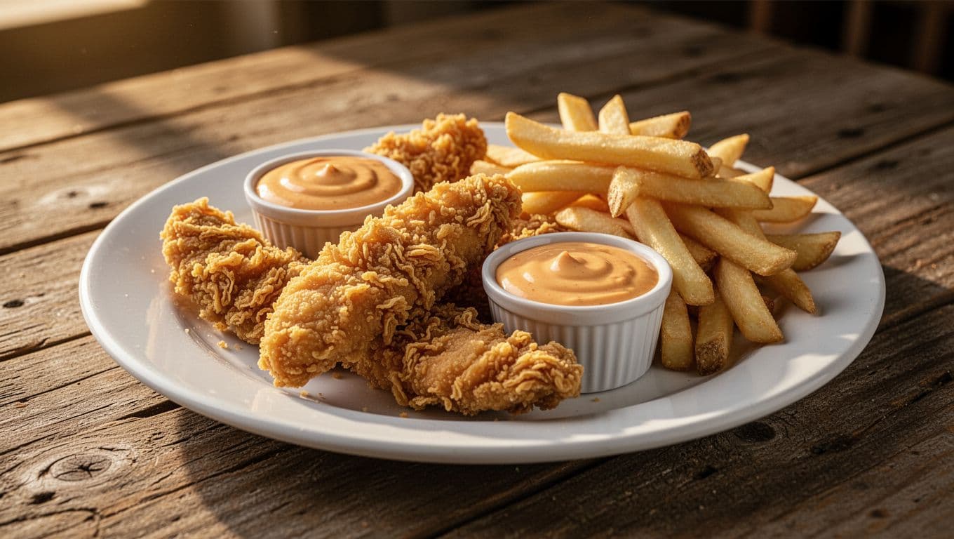 Golden crispy chicken tenders on a white plate next to a ramekin of creamy orange dipping sauce, with golden french fries on a rustic wooden table. Cinematic wide composition with shallow depth of field, dramatic lighting, and warm golden hour tones.