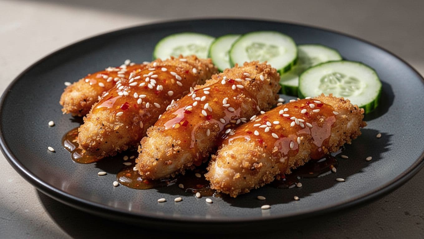 Four crispy chicken tenders coated in glossy sweet chili sauce on a dark plate, topped with sesame seeds and cucumber slices on side.