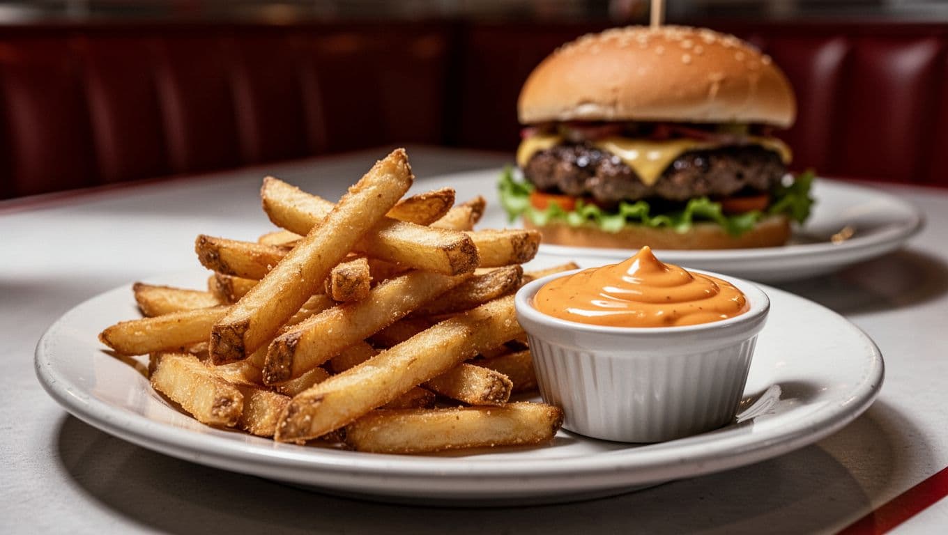 Crispy golden French fries piled high on a white plate next to a ramekin overflowing with thick orange fry sauce, with a juicy burger slightly out of focus in the background on a diner-style table. Appetizing close-up from a low angle in cinematic style with dramatic lighting and strong contrast.