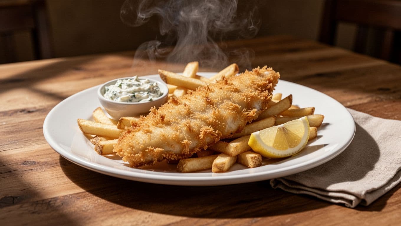 Golden crispy fried fish fillets and french fries on a white plate with tartar sauce in a small bowl and a lemon wedge, light steam rising from the hot food in a cinematic low-angle composition on a wooden surface.