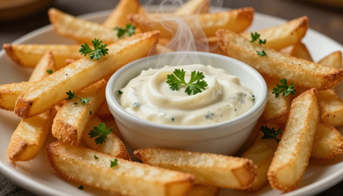 Pile of golden crispy french fries on white plate with central dollop of creamy garlic aioli and parsley sprigs.