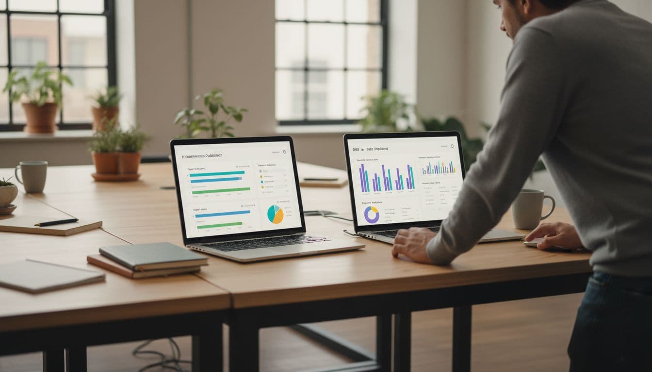 Two laptops side by side in a collaborative workspace display blurred, modern UI dashboards for e-commerce, publisher, and SaaS sites, featuring traffic growth charts under soft office lighting, photorealistic with exactly one person viewing.
