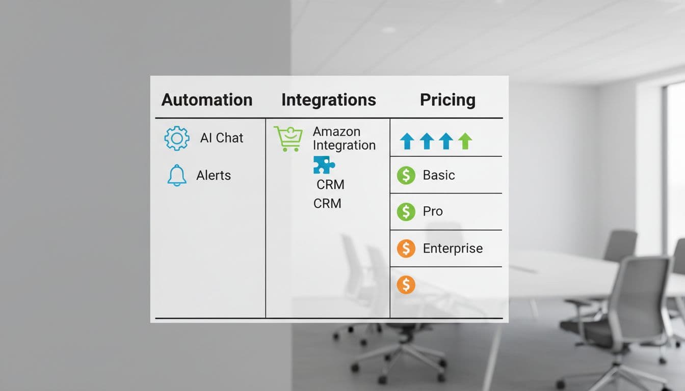 Whiteboard in meeting room displays comparison chart of customer service software features: automation, integrations, pricing tiers with icons.