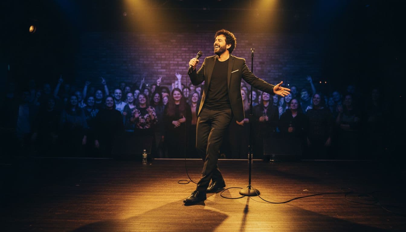 Stand-up comedian Damon Darling on a dimly lit stage in a comedy club, holding a pose at the microphone stand with a blurred laughing audience in the background. Strong spotlights create dramatic shadows, high contrast, cinematic depth of field, warm stage tones contrasting cool audience lighting.