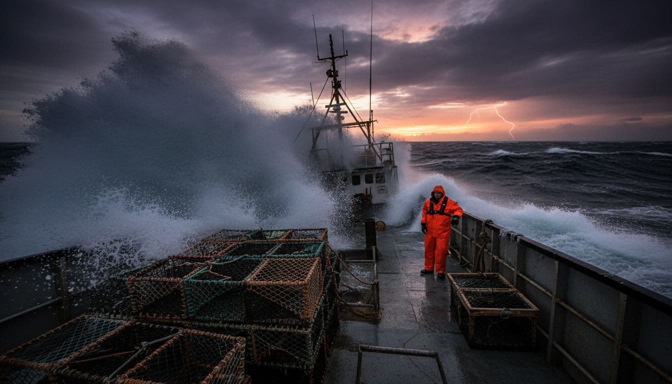 Rugged crab fishing boat like Time Bandit fights stormy Bering Sea waves at dusk, with captain in orange gear standing firm on deck near crab pots amid turbulent water and spray.