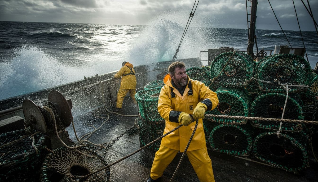 Deckhands in yellow gear stack green crab pots on slippery deck as waves crash nearby.