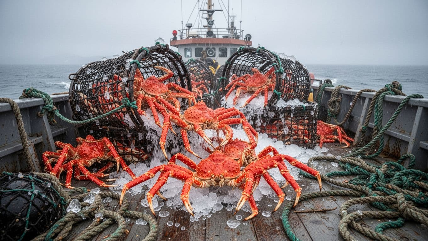 Massive haul of bright red king crab spilling from pots onto the deck of an Alaskan fishing boat under gray skies, fresh catch glistening with ice amid scattered ropes and gear, in realistic photo style with natural overcast lighting.