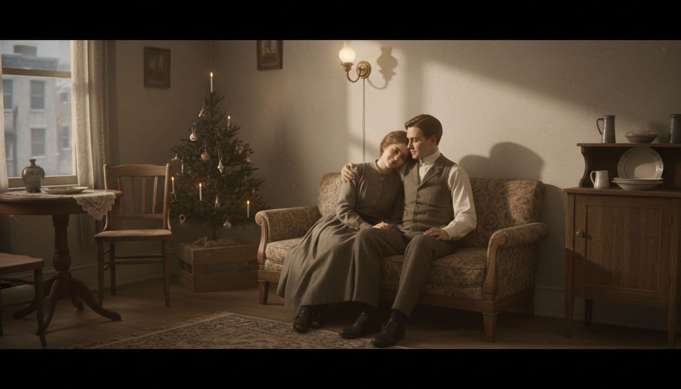 Young loving couple Della and Jim sit closely on a worn sofa in their simple early 1900s New York apartment, surrounded by basic furniture and a small Christmas tree illuminated by soft gas lamp light.