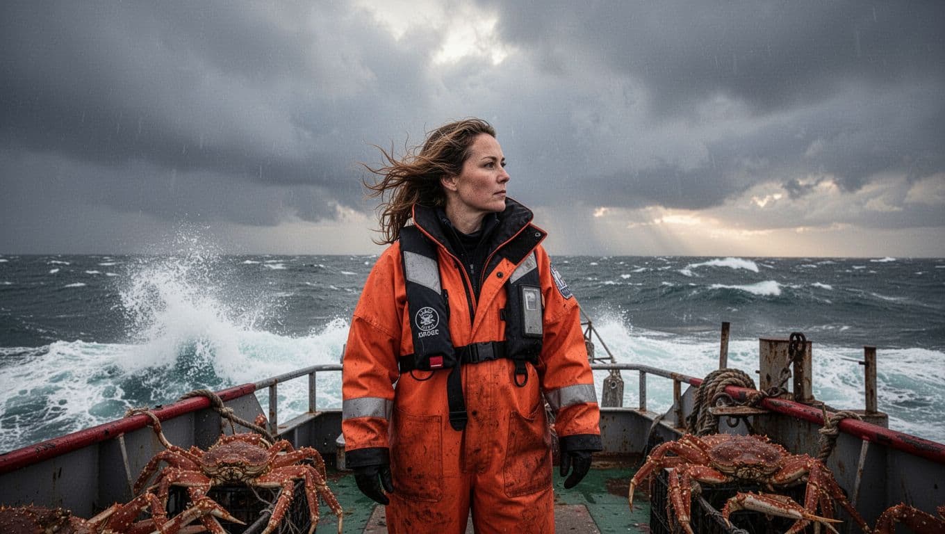 Portrait of a determined woman captain on a crab fishing boat deck amidst rough Bering Sea waves, wearing an orange flotation suit and holding a clipboard with wind-swept hair under dramatic stormy lighting.