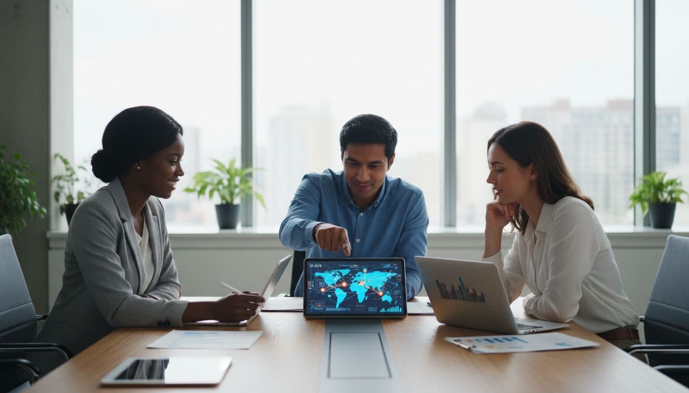 Diverse group of three supply chain professionals collaborate in a modern office around a table with laptops, tablets, and data charts. One points to a screen displaying supply chain network visualization, emphasizing natural interaction and adaptation to AI tools.