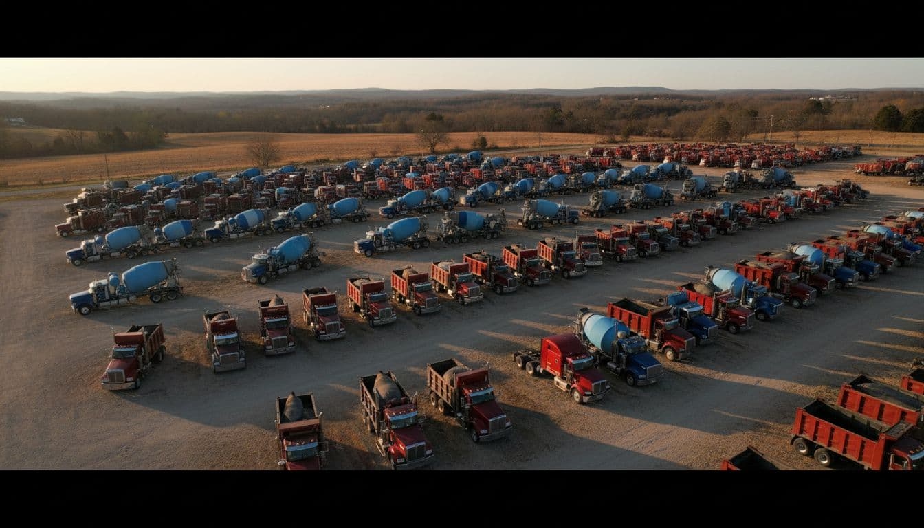 Aerial view over a 60-acre truck sales yard in rural Tennessee with rows of heavy dump trucks, mixers, and semi-trucks parked neatly under clear golden hour skies, cinematic style with dramatic shadows and earthy tones.