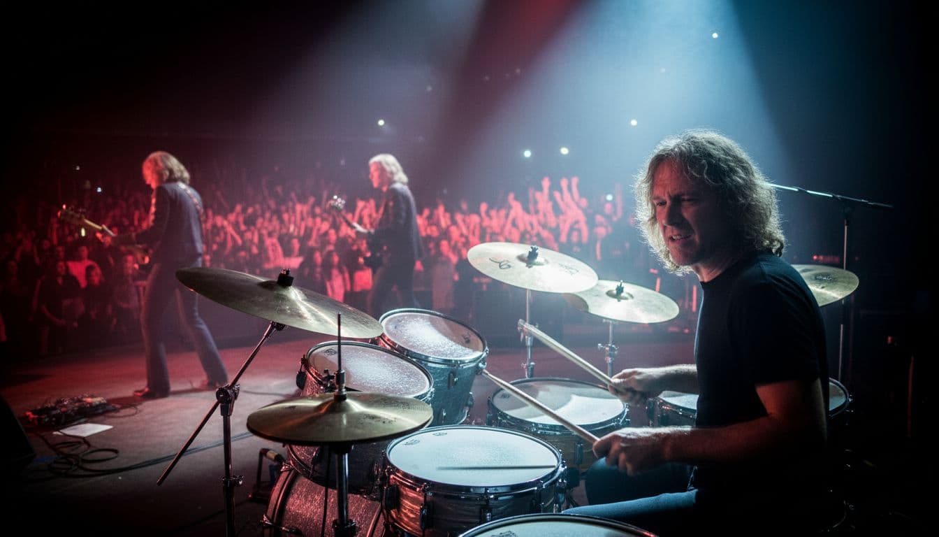Don Brewer focused on his drum kit during an energetic Grand Funk Railroad concert, with bandmates in the background, dramatic spotlights, and a blurred crowd.