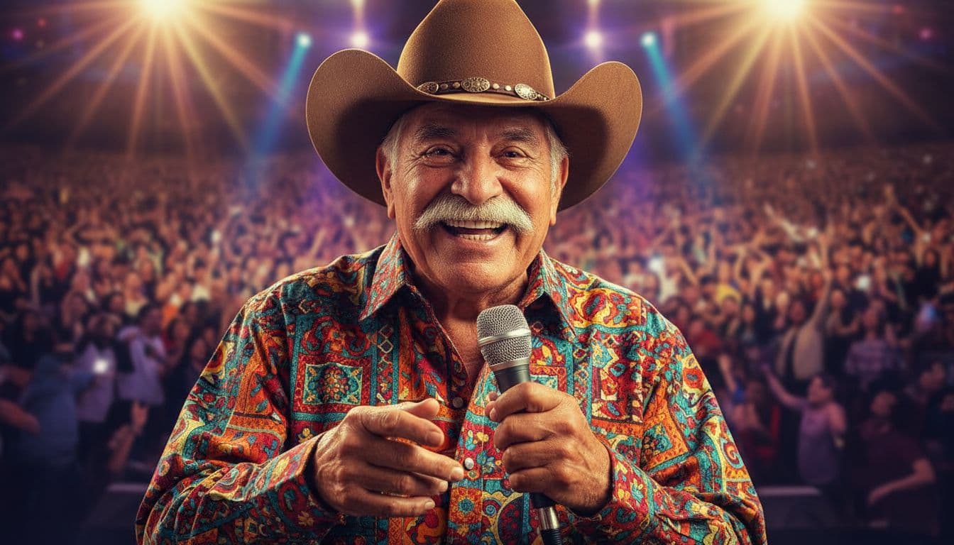 Portrait of Don Cheto, an elderly Mexican man with a mustache, wearing a cowboy hat and colorful shirt, smiling energetically on stage holding a microphone, with blurred lively audience and vibrant stage lights in the background.