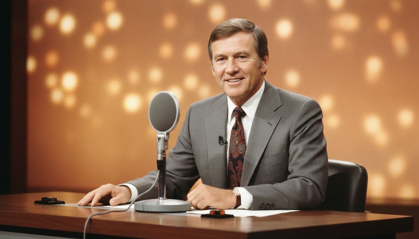 Don Meredith smiling confidently at a broadcaster desk with microphone in 1970s Monday Night Football style, warm studio lighting, simple background.
