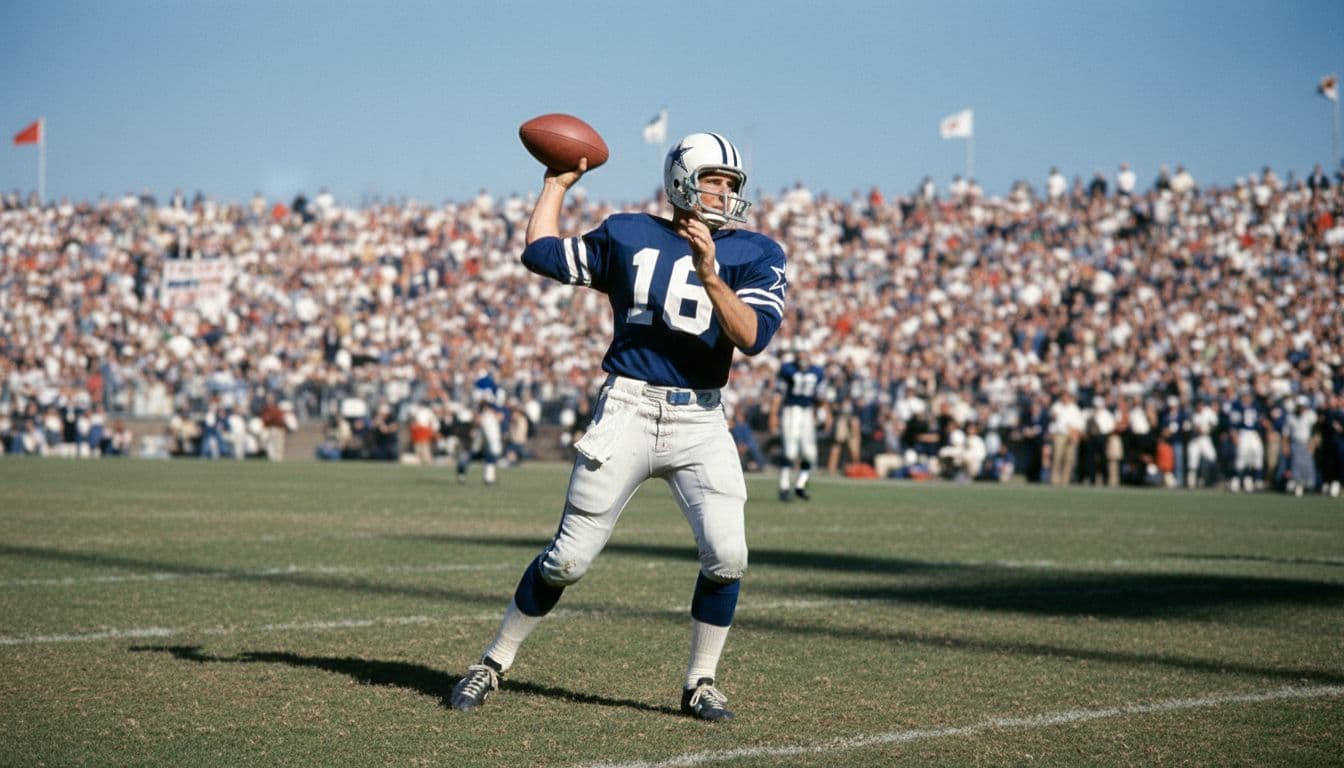 Don Meredith in Dallas Cowboys uniform on football field during a game, captured in dynamic action pose throwing the ball with stadium crowd in background. 1960s style featuring vibrant colors and dynamic lighting, exactly one person, no text or logos.