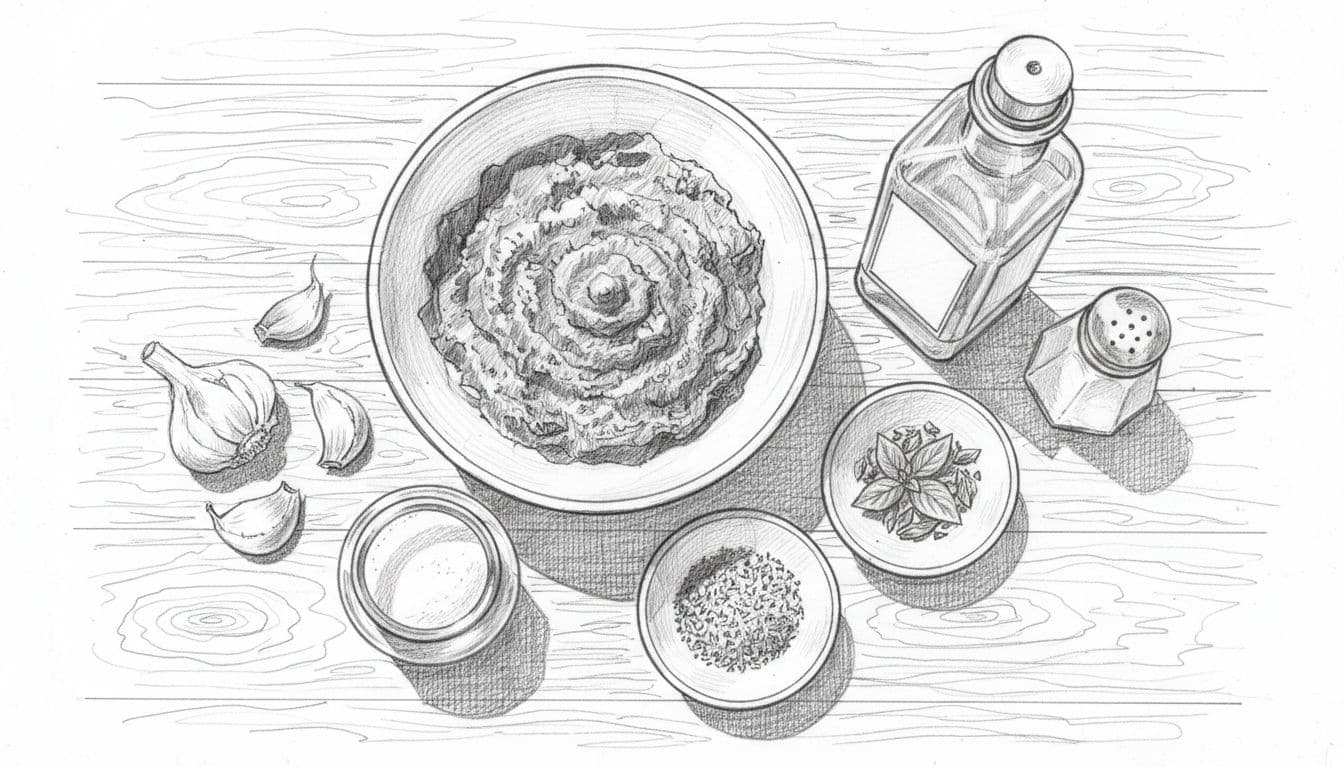 Overhead hand-drawn grayscale sketch featuring key ingredients for Don Pepino Pizza Sauce: canned crushed tomatoes, olive oil, dried oregano and basil, salt, garlic cloves, and sugar, neatly arranged on a wooden kitchen counter.