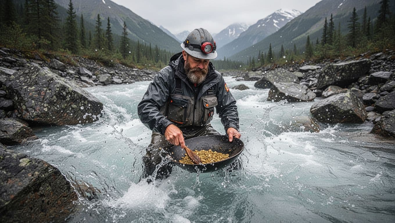 Rugged bearded man resembling Dustin Hurt from Gold Rush, in waterproof mining gear and helmet, intensely panning for gold in a fast-flowing white water river in the Alaskan wilderness. Dynamic low-angle action shot with spray, rocks, and natural overcast lighting.