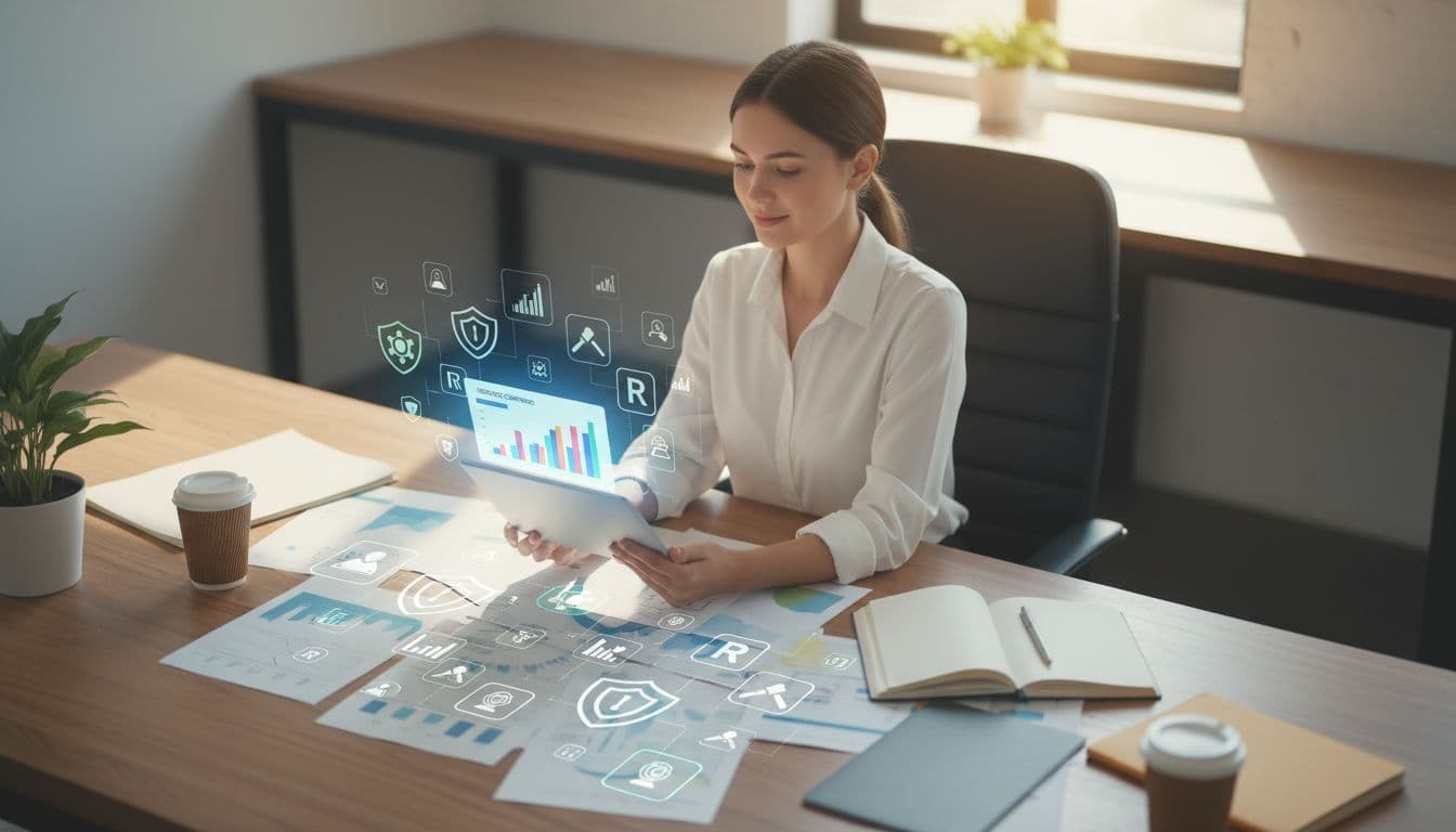 A single e-commerce entrepreneur in a bright modern office holds a tablet displaying blurred charts comparing Amazon brand services, surrounded by desk notes and icons for trademarks and protection tools, in realistic style with soft lighting.