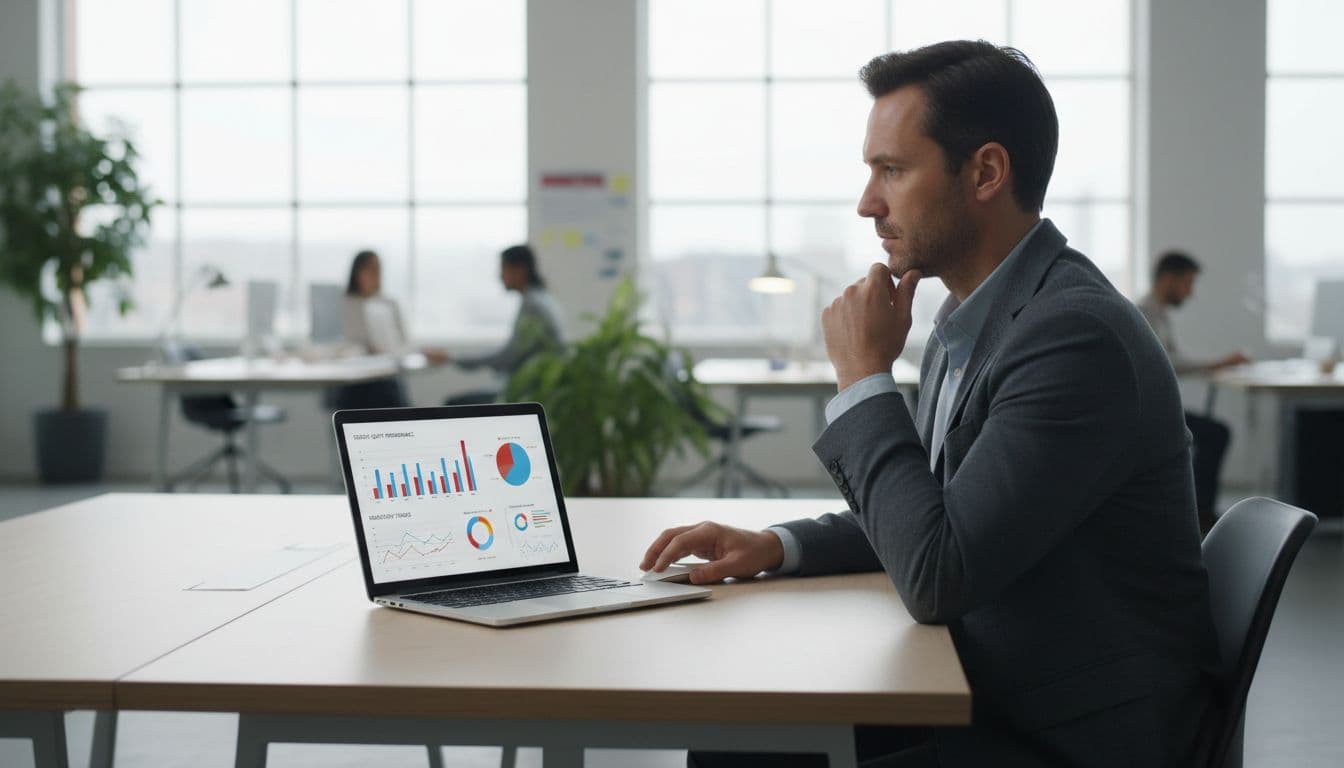 Person at modern desk with laptop displaying charts, thoughtfully analyzing market data.