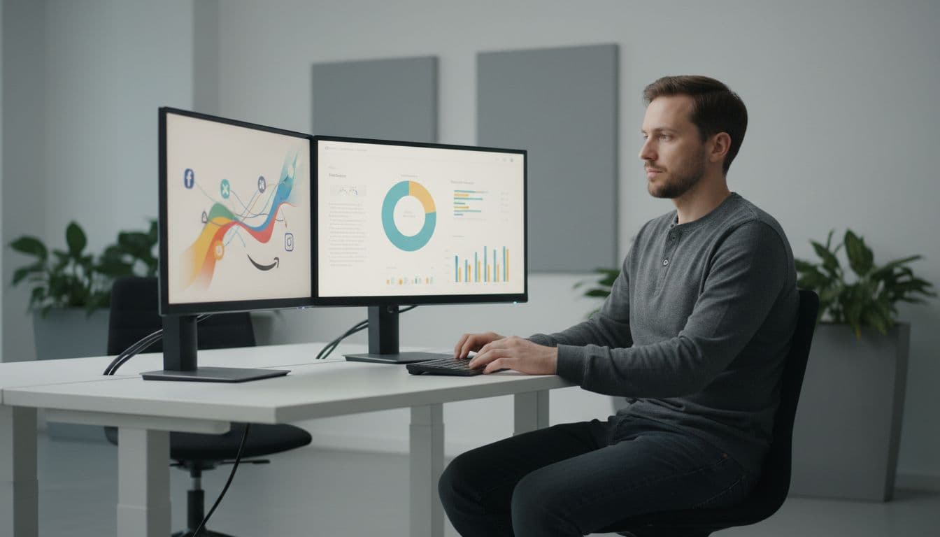 E-commerce marketer at desk with two screens showing campaign reports and social-to-Amazon traffic diagrams, hands relaxed.
