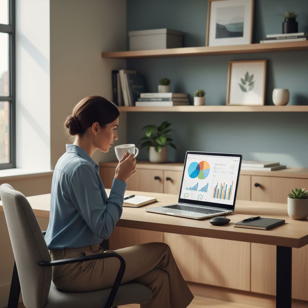 An e-commerce seller works on a laptop at a clean, modern desk in a sunlit home office.