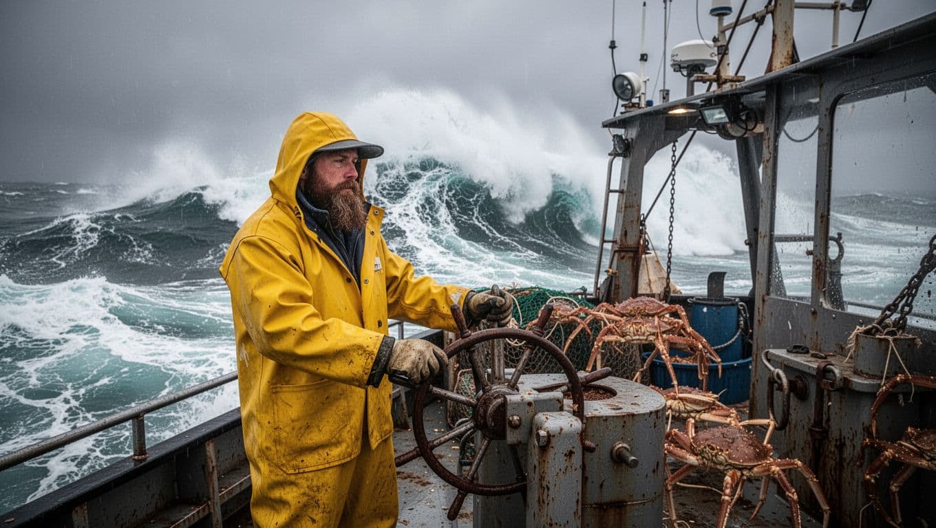 Edgar Hansen, the rugged Alaskan fisherman with a beard and yellow rain gear, stands at the helm of his crab boat amidst massive crashing waves in the rough Bering Sea during the Deadliest Catch era. Dramatic wide-angle realistic photography under overcast skies with dynamic action and natural lighting.
