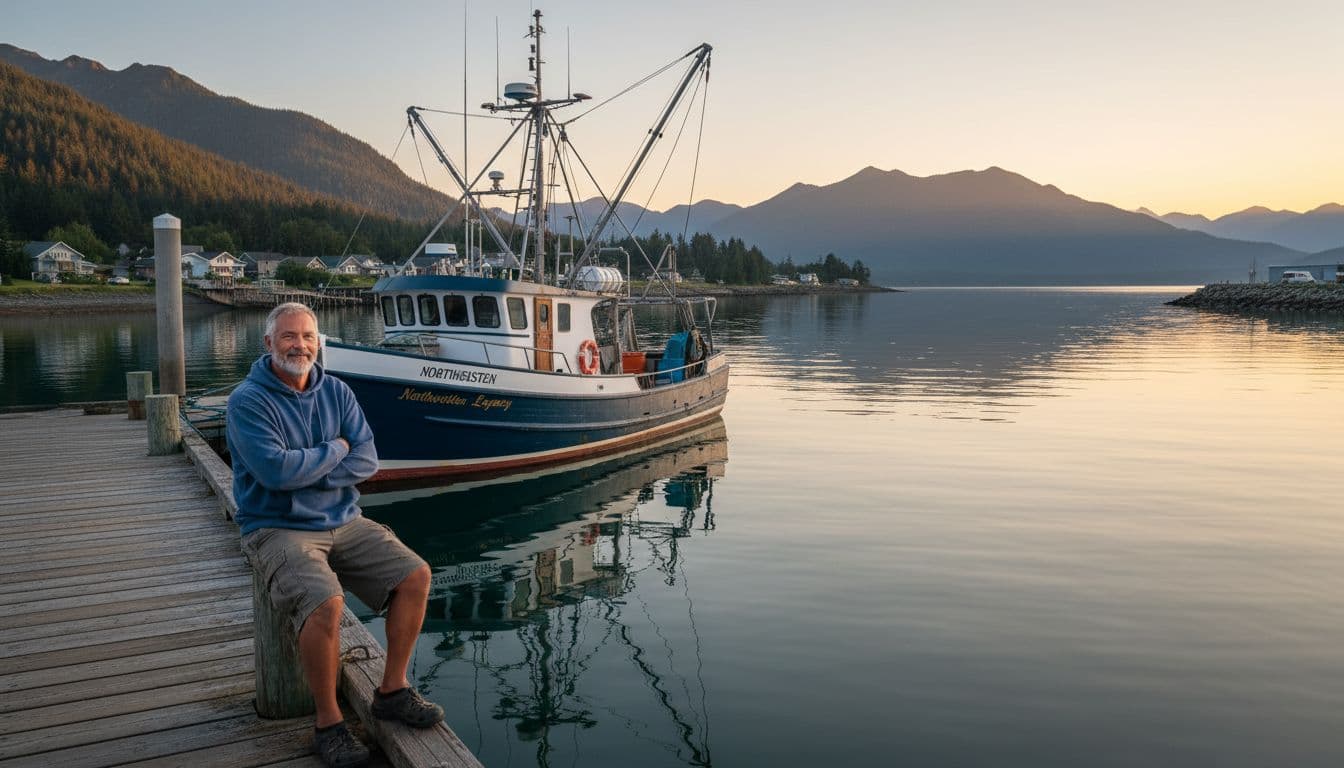 Modern-day Edgar Hansen, an older bearded man in casual clothes, smiles slightly with arms crossed while relaxing on a dock by his fishing boat in a calm Alaskan harbor during golden hour.