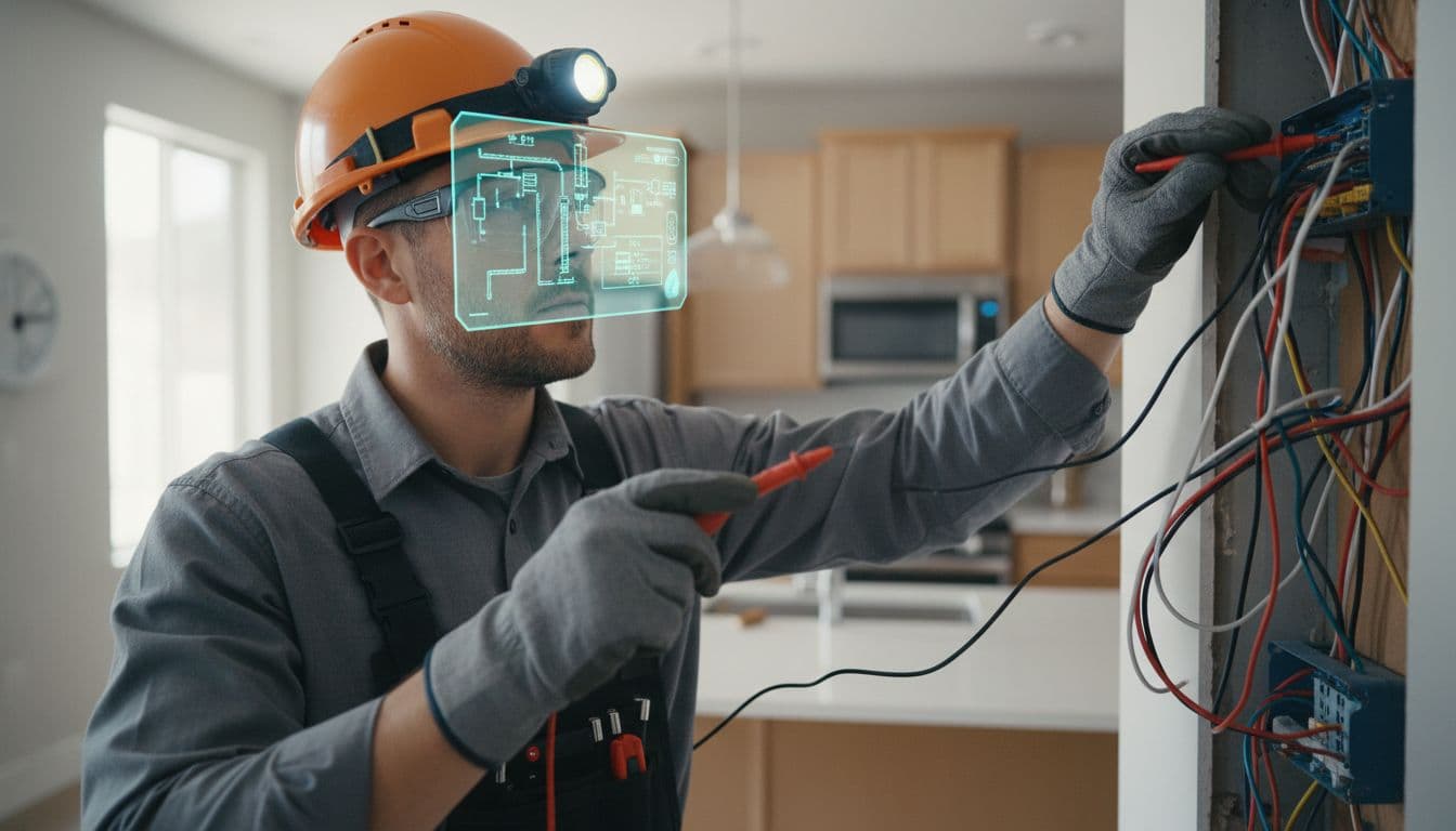 An electrician in work gear uses augmented reality glasses to inspect wiring in a residential kitchen, with a close-up on face and hands holding a tool in a modern home under natural daylight.