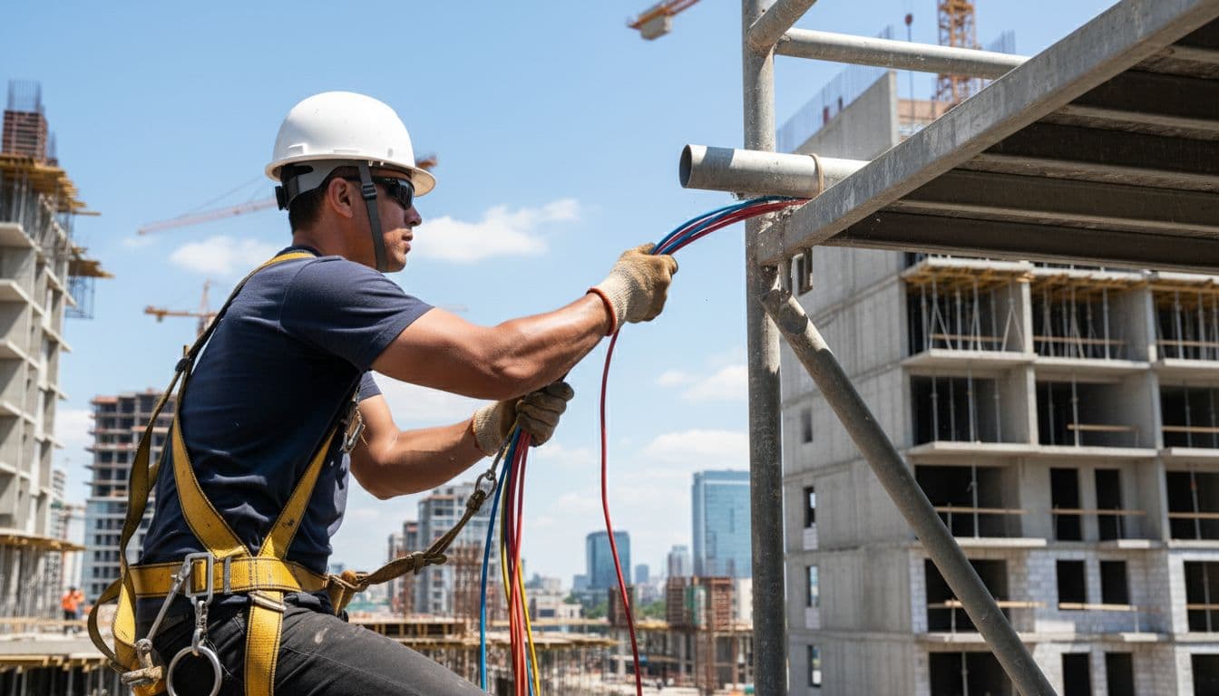 A single electrician climbs a scaffold on an urban construction site, manually pulling wires through conduit with natural hand grips in bright daylight. This realistic side-angle action shot emphasizes physical tasks requiring human strength and dexterity that AI cannot perform on jobsites.