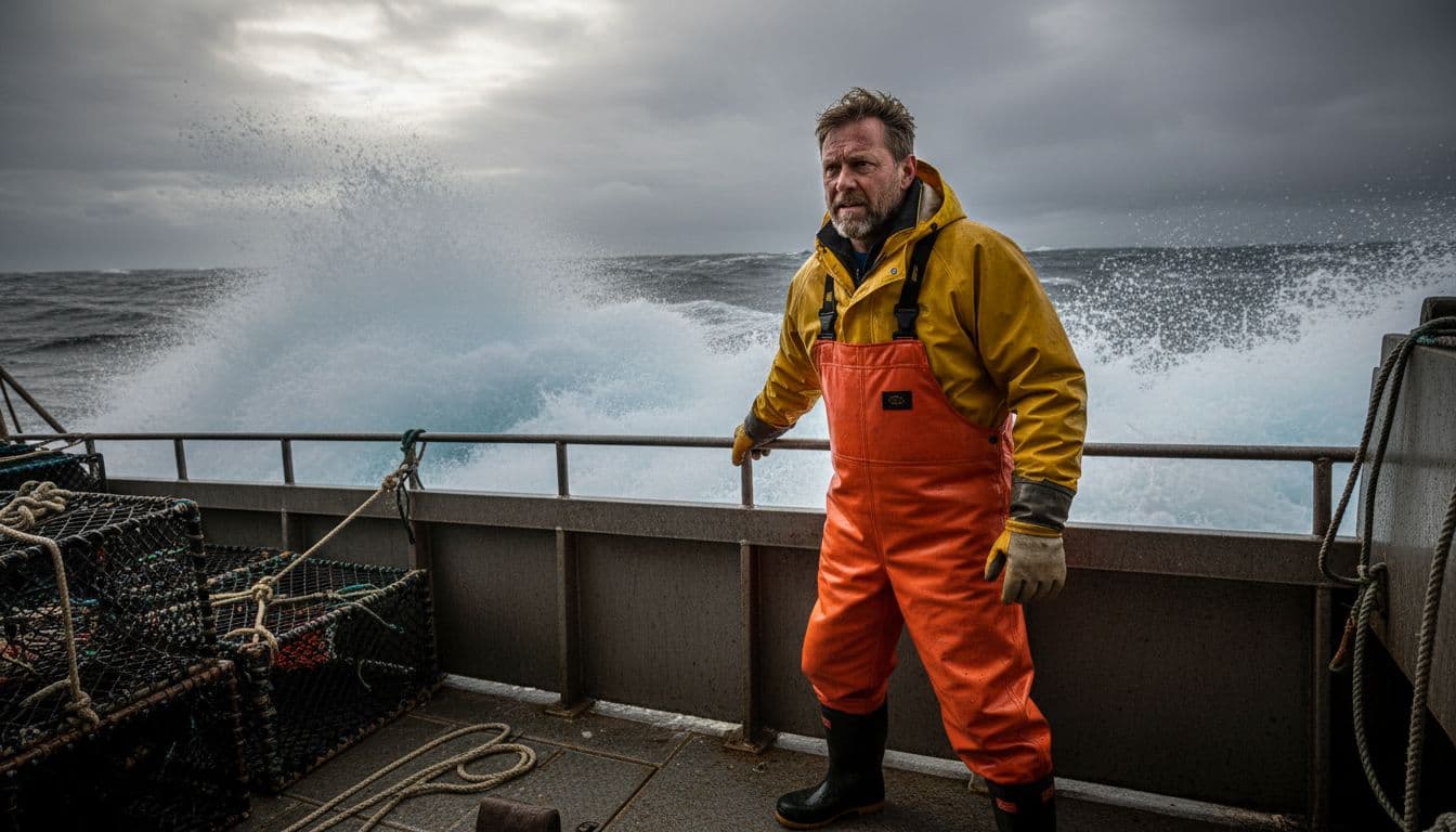 Bearded mid-40s captain in yellow rain gear and orange overalls stands on fishing vessel deck with massive Bering Sea waves.