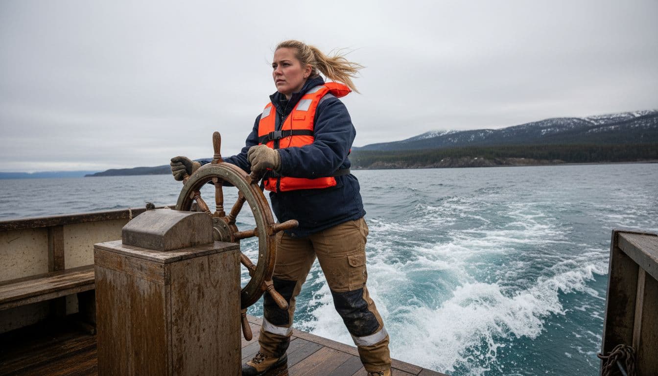 Determined blonde woman in her 30s stands confidently at the helm of a rugged gold mining boat on the choppy Bering Sea, Alaska summer daylight with waves and distant coastline.