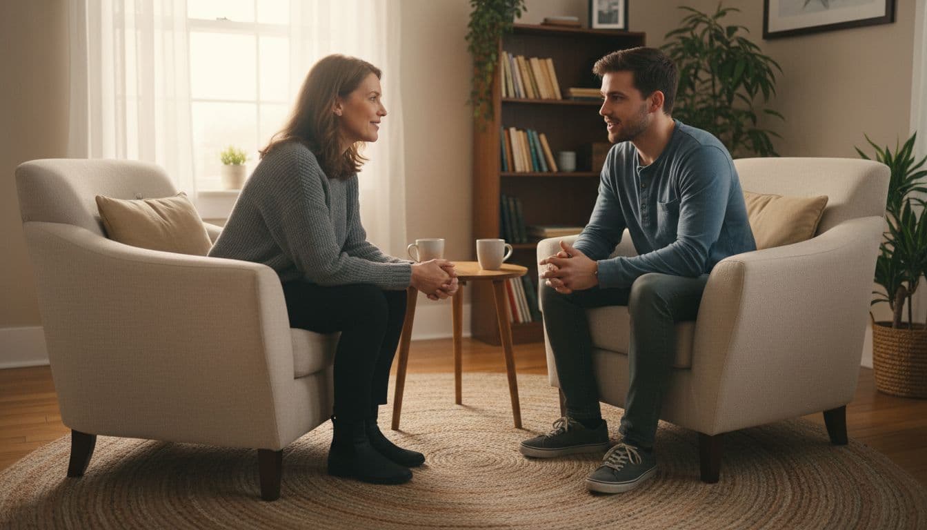 A psychiatrist listens attentively to a patient in a softly lit therapy office with chairs facing each other, featuring genuine expressions and natural warm lighting.
