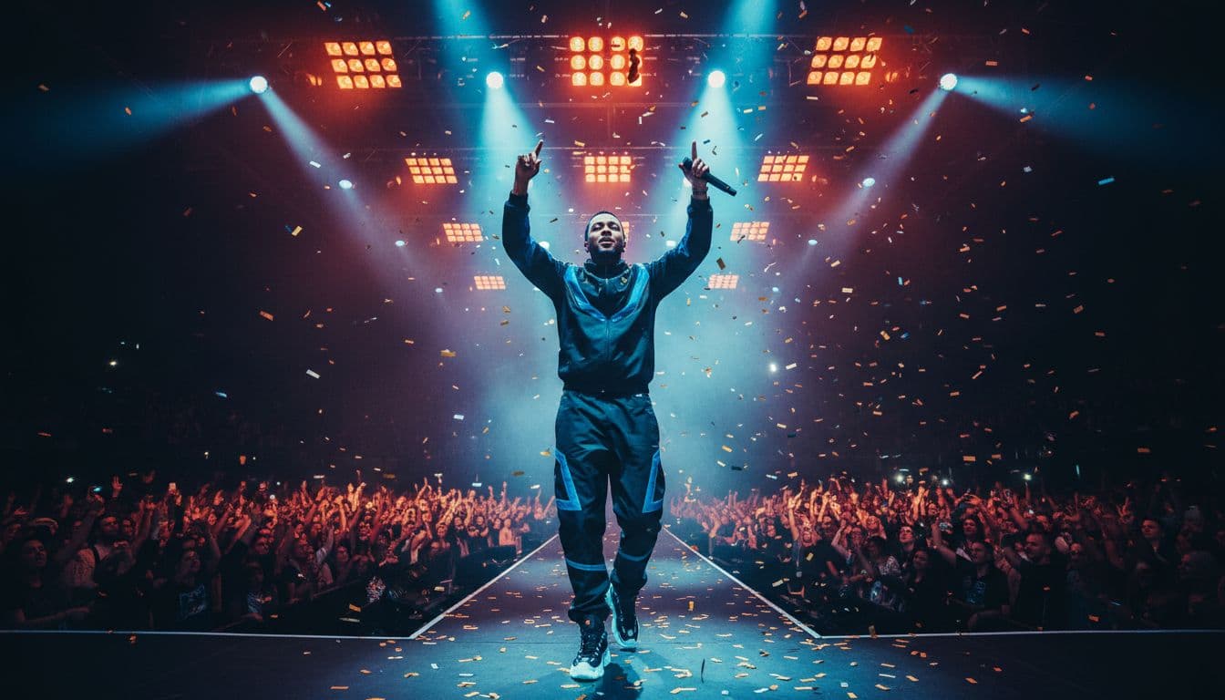 Rapper holds microphone with arms raised center stage under colorful spotlights, blurred crowd behind.