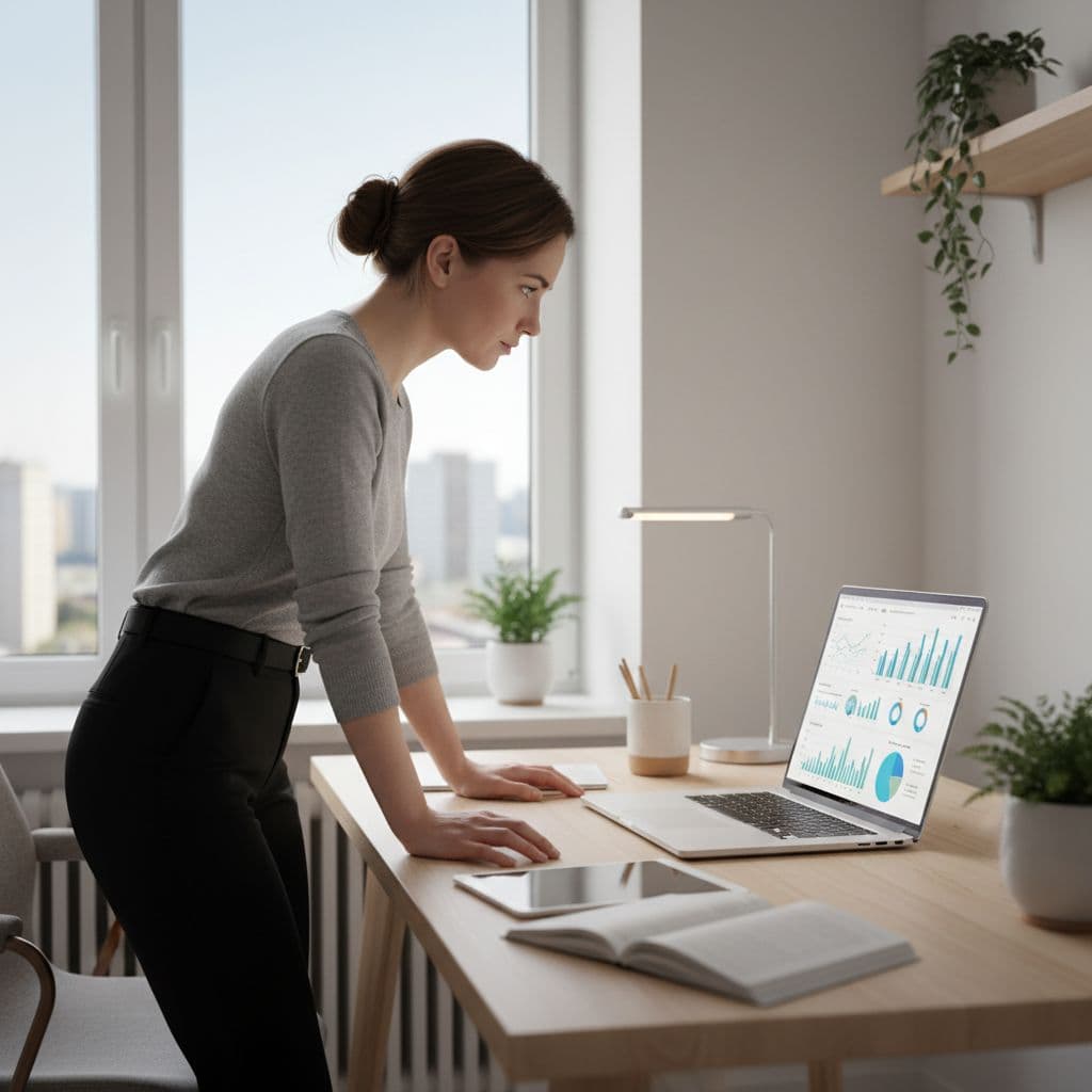 A focused business owner reviews website traffic analytics on a modern laptop at a clean, professional desk.