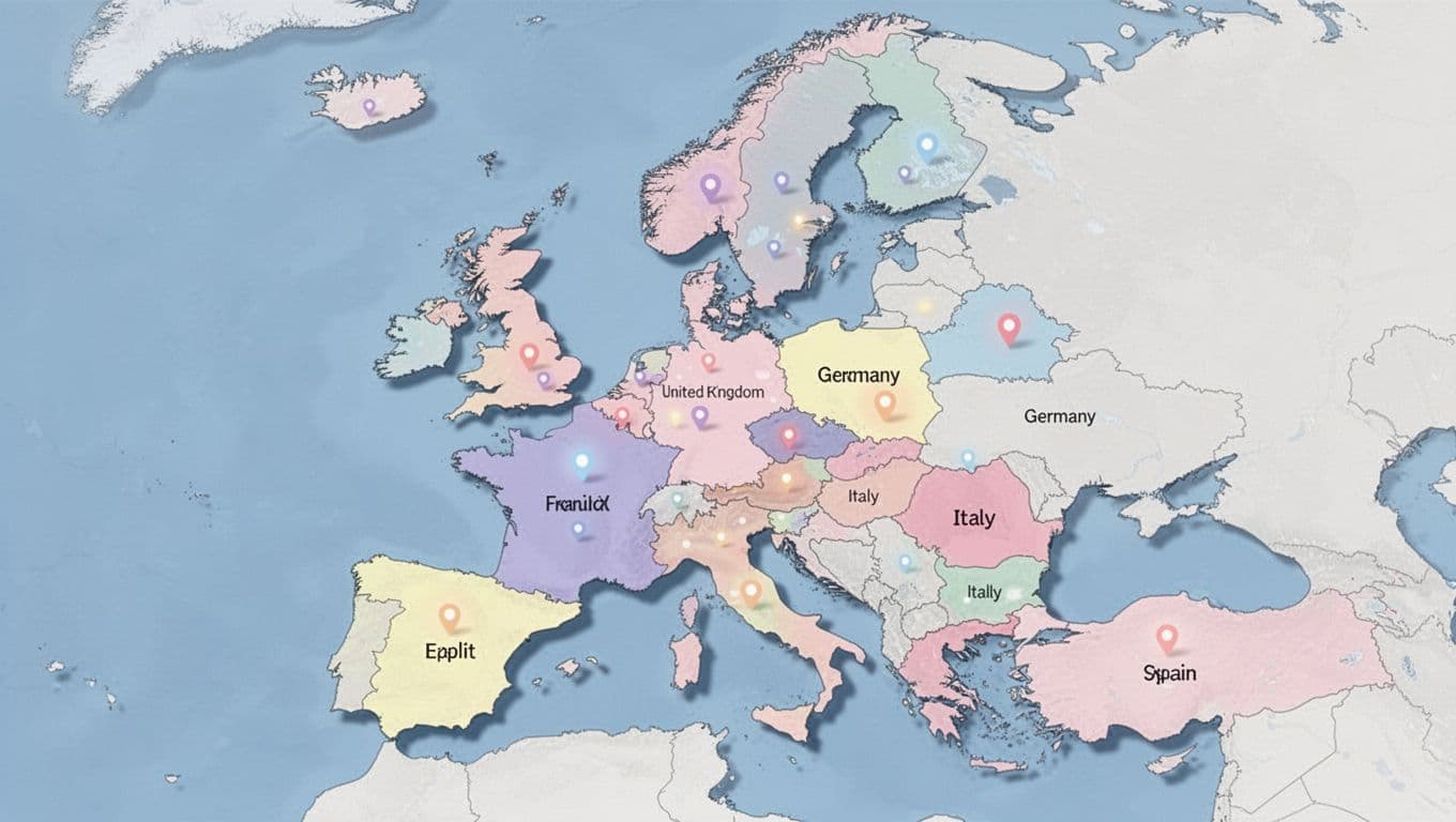 Illustrative Europe map highlighting UK, Germany, France, Italy, Spain with VAT checklists and currency icons.