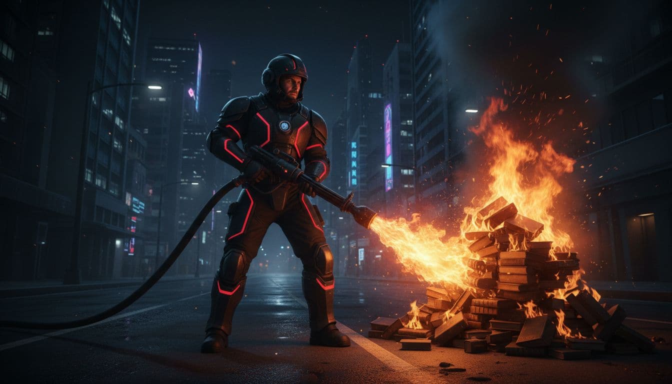A futuristic fireman in black uniform holds a hose-like flamethrower aimed at a pile of burning books on a nighttime city street, flames casting an orange glow on his determined face in a wide-angle dramatic scene.