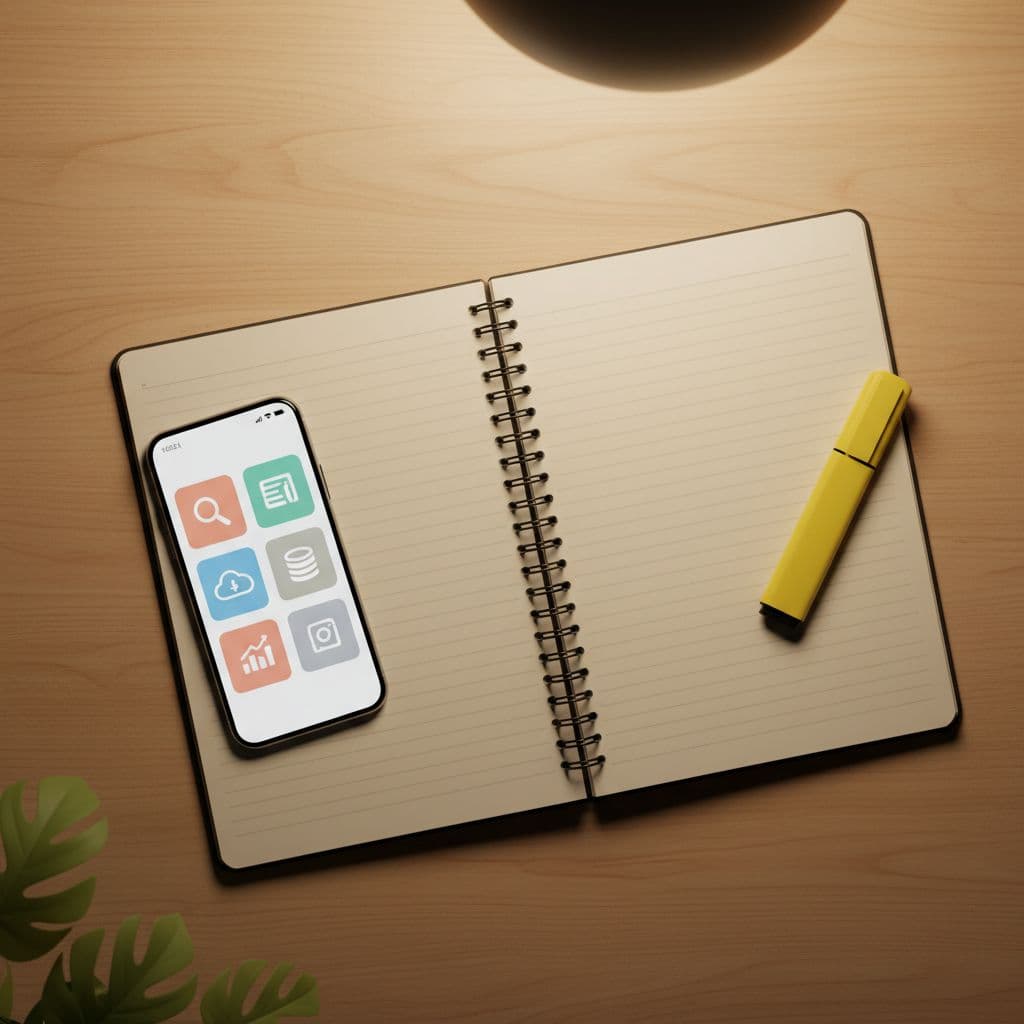 Top-down view of a cozy home office desk on wooden surface with open notebook suggesting checklists, smartphone displaying research app icons, highlighter pen, soft overhead lamp, and subtle plant leaf, in photorealistic style with inviting minimal atmosphere.
