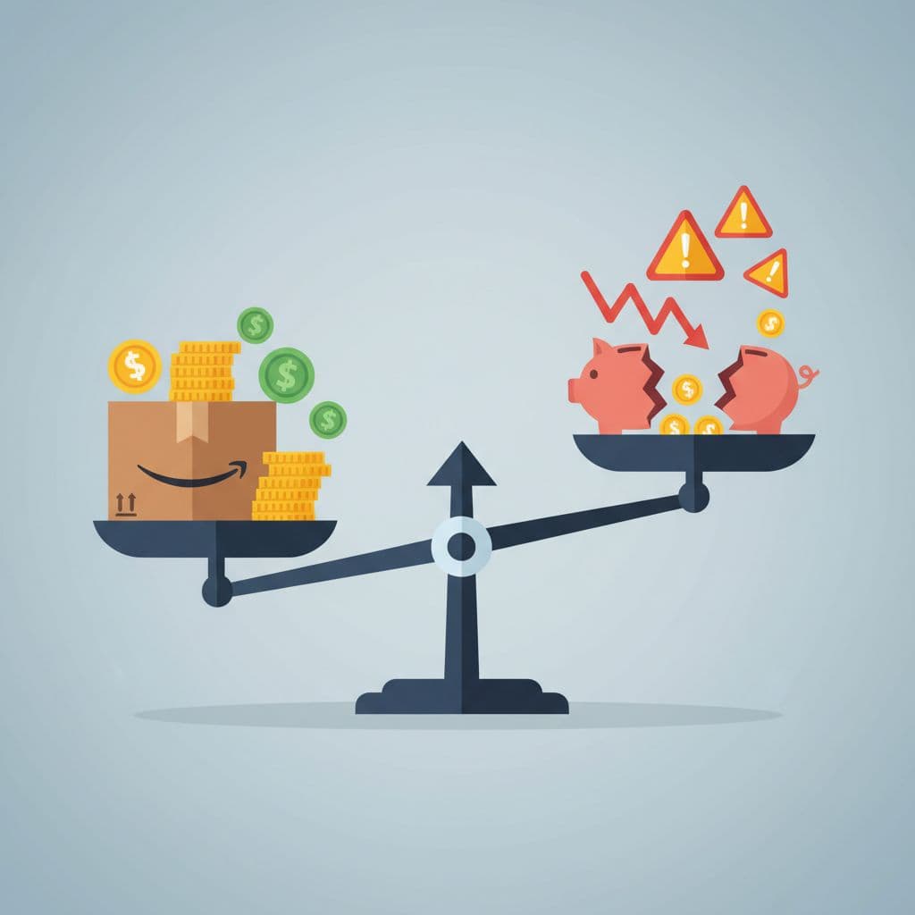 Illustrative flat design of a balanced scale with Amazon box and money icons on one side representing profits, and warning signs with cash flow charts on the other side representing risks in FBA automation.