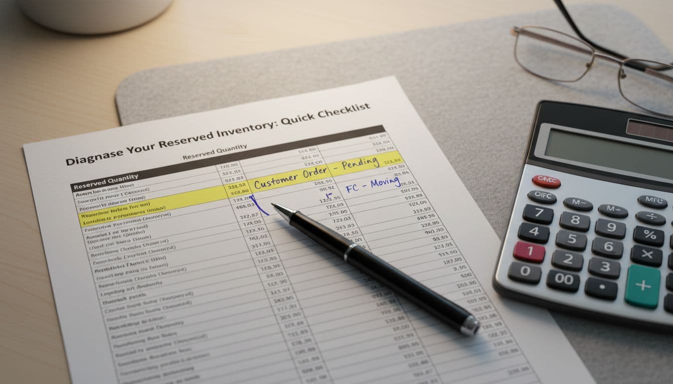 Close-up top-down view of a printed Amazon FBA inventory report on a desk, highlighting reserved quantities and reasons like customer orders and FC transfers, with pen notes and calculator nearby under soft office lighting.