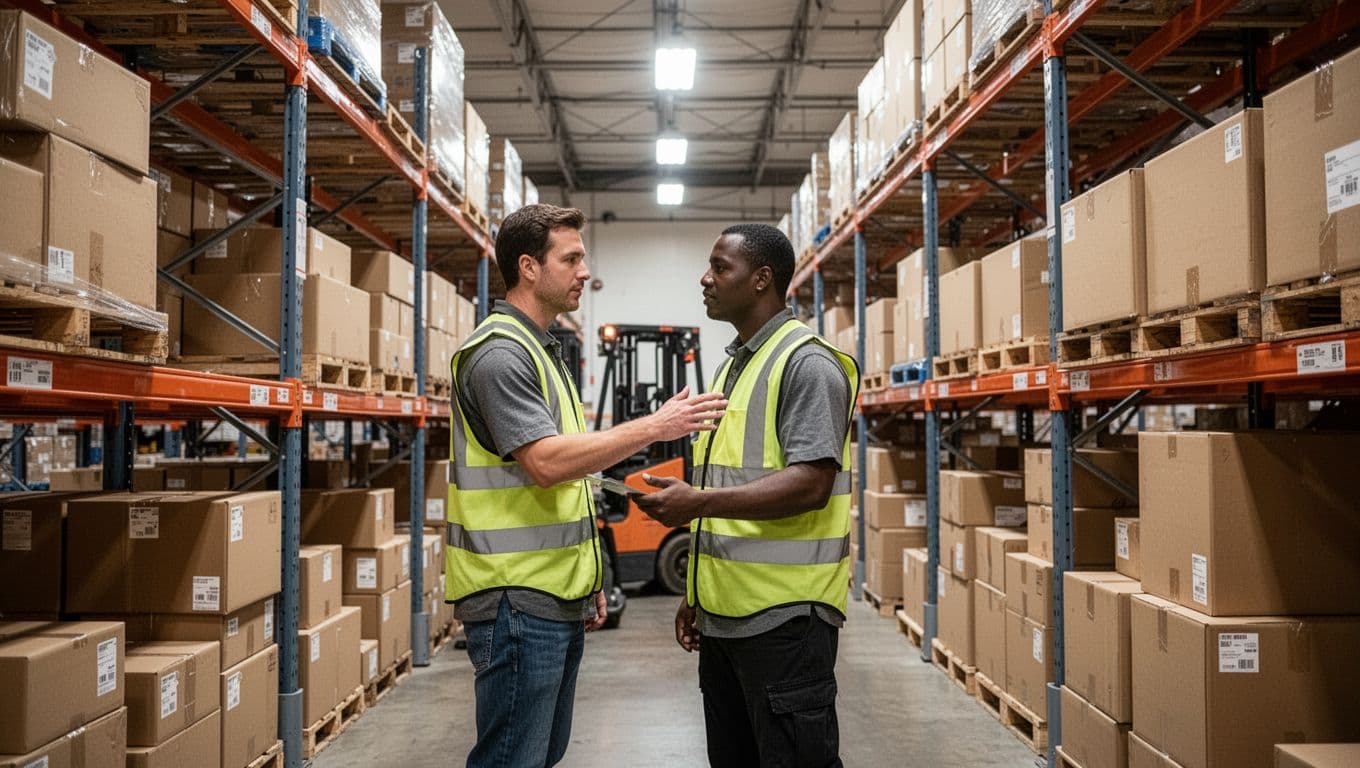 Worker in safety vest examines product boxes on shelves, forklift in background.
