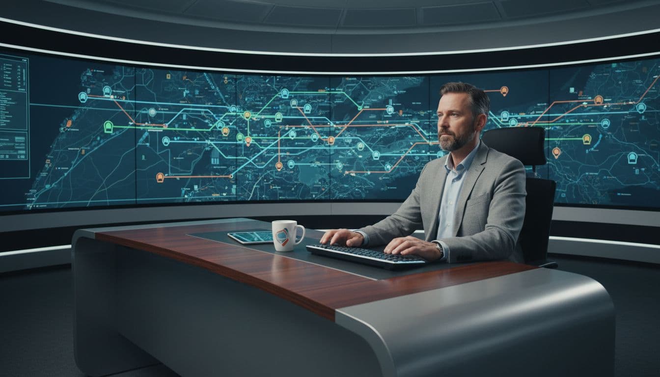 Fleet manager sits at desk in modern control room viewing large screens with truck route maps and status icons, hands on keyboard, coffee mug nearby, soft lighting, realistic photo.