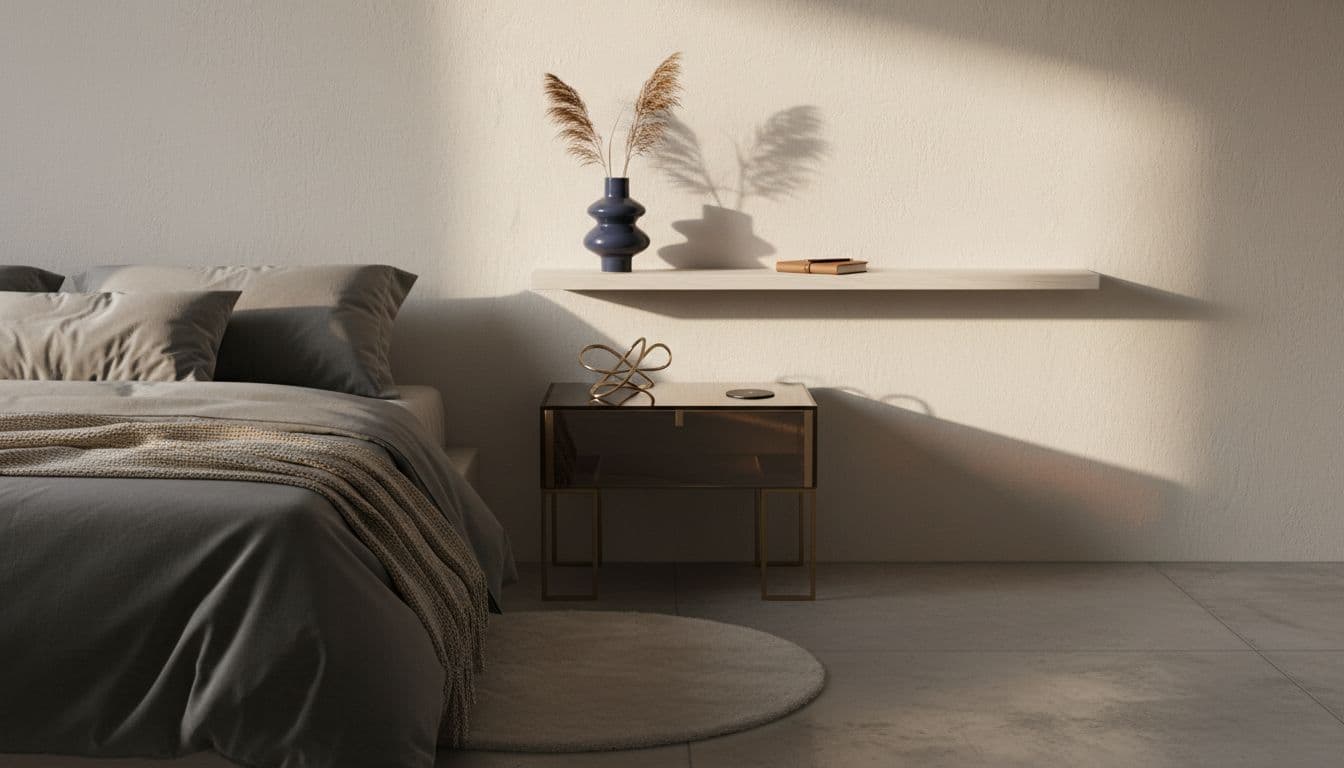 A minimalist floating shelf is mounted on the wall above a small wooden nightstand in a bedroom.