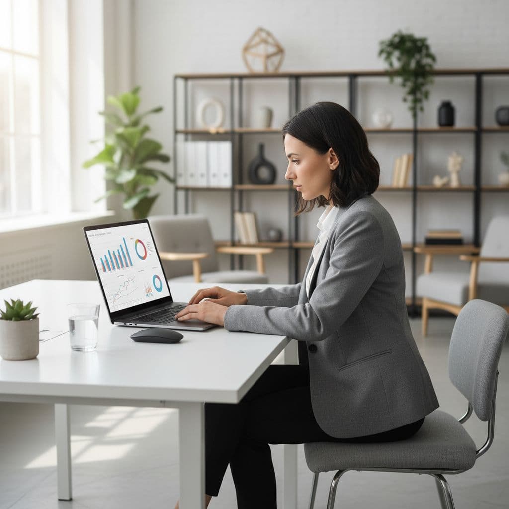 A business professional sits at a clean desk in a bright modern office, intently viewing a laptop screen.
