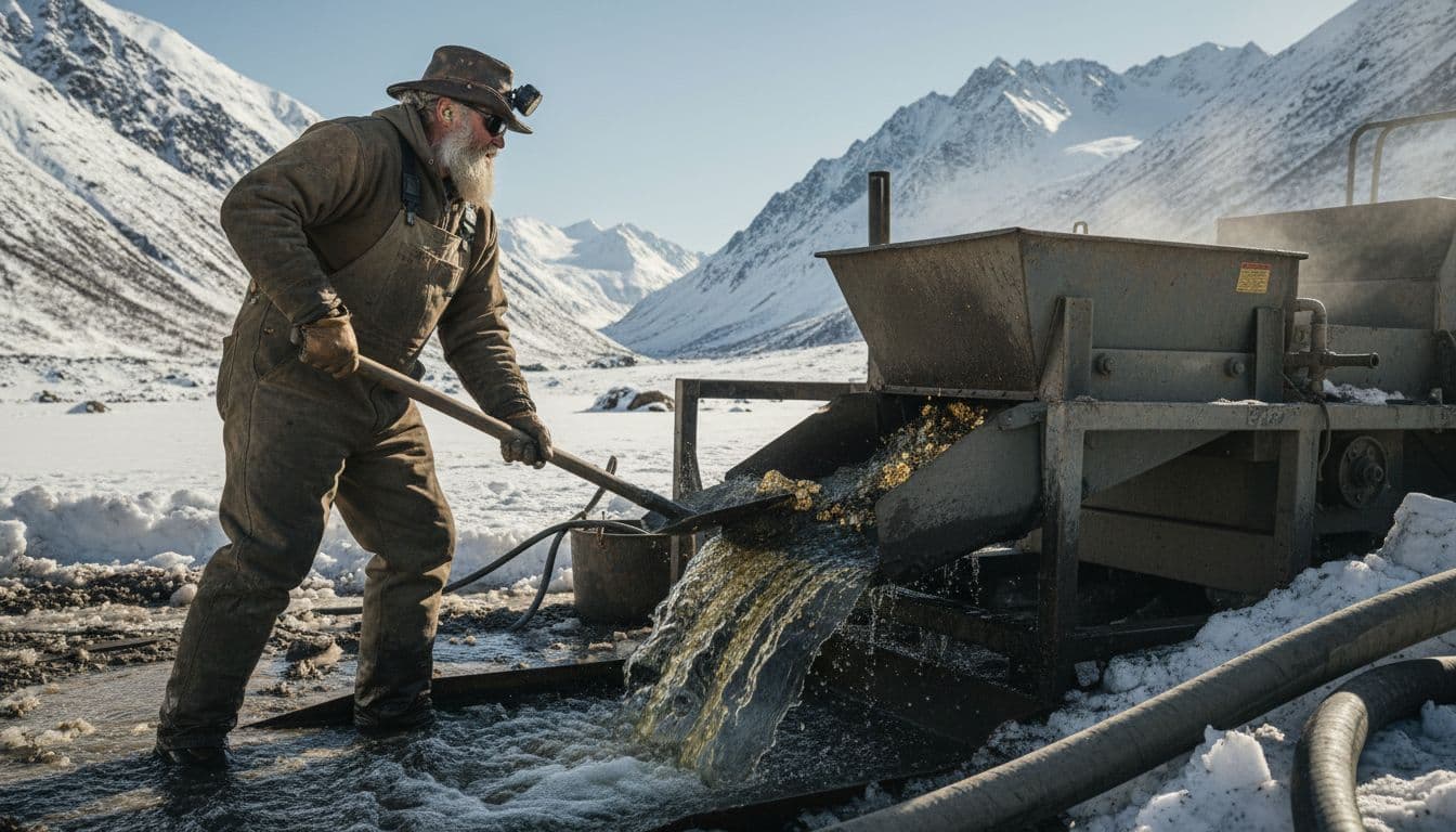Rugged gold miner resembling Freddy Dodge with beard and hat operates a large wash plant in snowy Alaskan mountains, sluicing dirt with visible gold flakes in paydirt, dynamic side-angle realistic documentary photo.