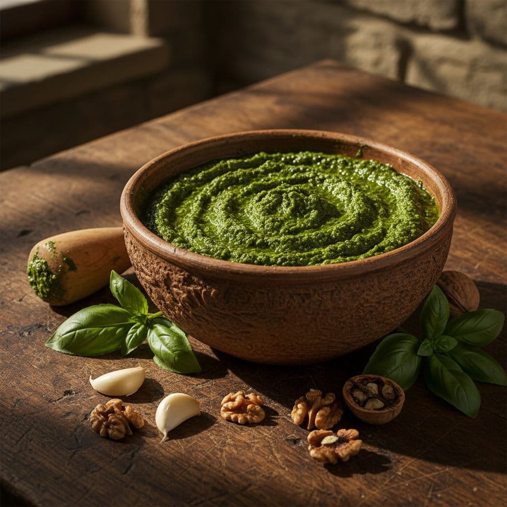 A rustic bowl of bright green pesto sits on a weathered wooden table surrounded by basil and walnuts.
