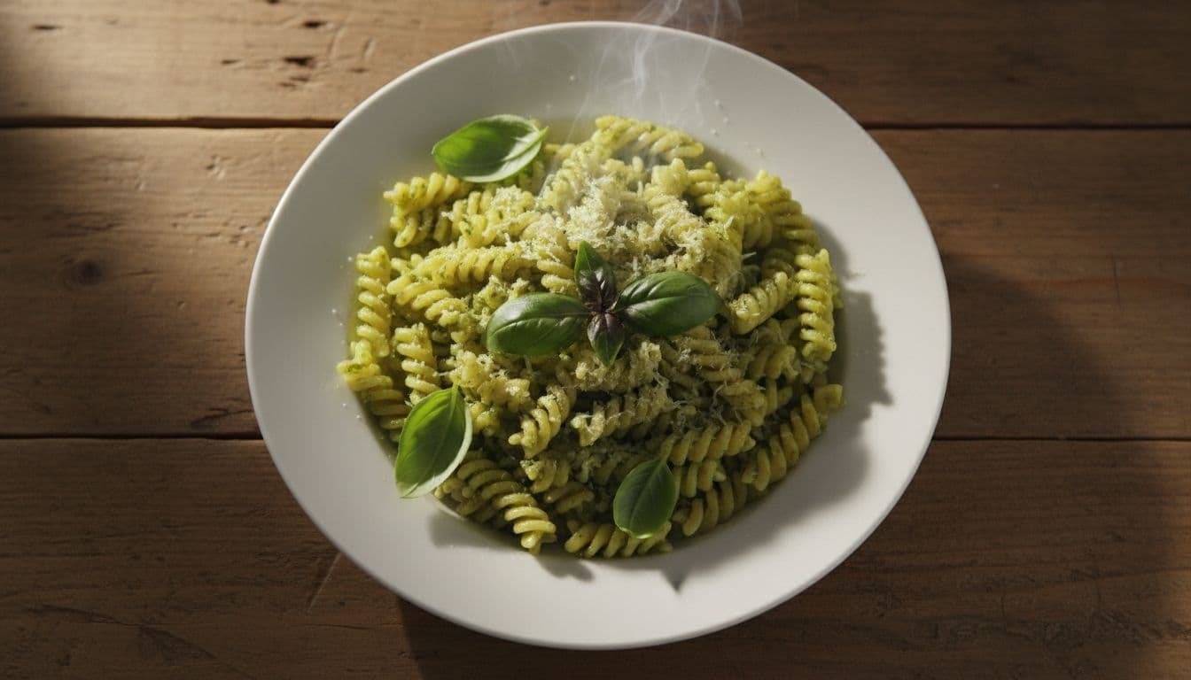 A top-down view of pasta coated in vibrant green pesto with parmesan and fresh basil leaves.
