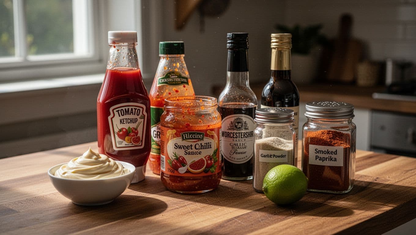 A close-up view of fresh ingredients for boom boom sauce arranged on a wooden kitchen counter: small bowl of mayonnaise, ketchup bottle, sweet chili sauce jar, sriracha bottle, Worcestershire sauce, garlic powder shaker, smoked paprika jar, exactly one lime half. Cozy home kitchen setting with soft natural window light. Cinematic style with strong contrast and depth.