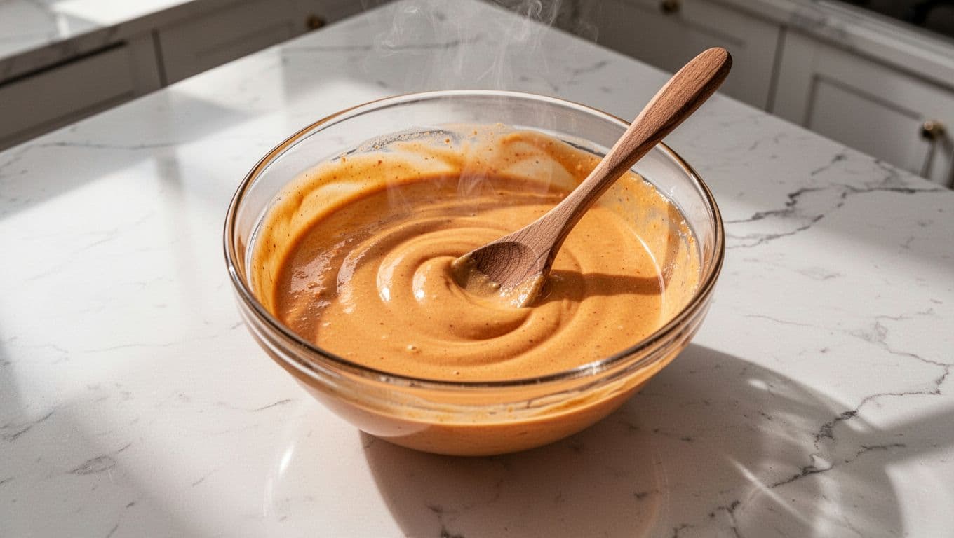 A small glass bowl filled with creamy orange Boom Boom sauce freshly mixed, wooden spoon resting inside, on a white marble countertop in a bright kitchen, showcasing freshness with subtle gloss and cinematic lighting.