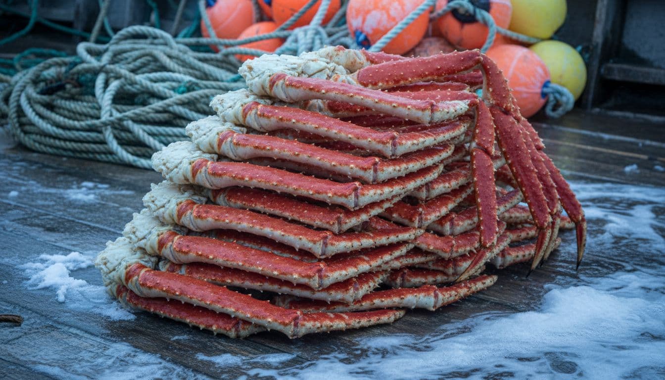 Close-up stack of fresh red king crab legs on the icy deck of a crab boat, with scattered snow, seawater, ropes, and buoys in the background. Captured in cold blue tones with high detail realistic photography, illustrating crab fishing as a source of earnings.